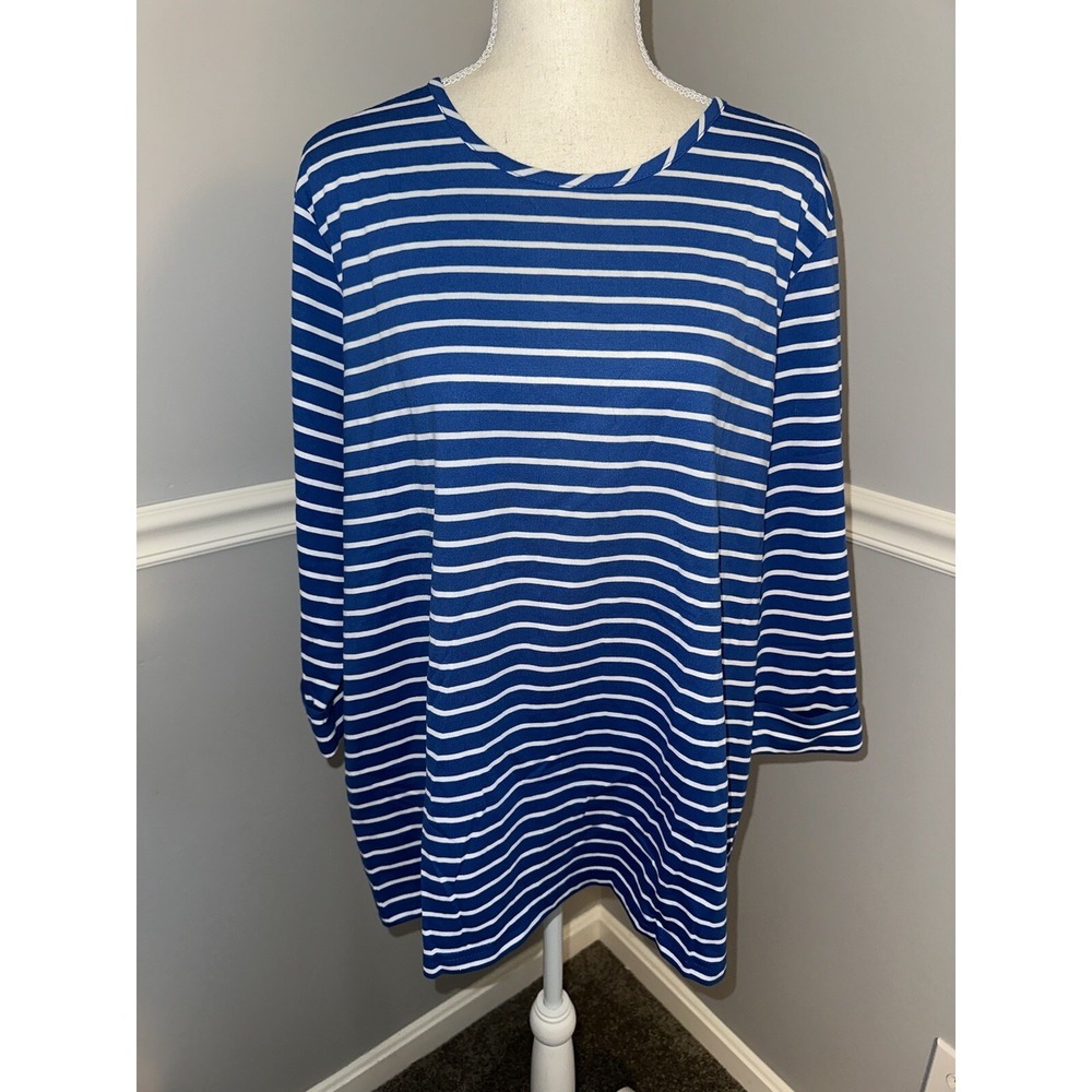 New American Sweetheart Top Size XL Striped 3/4 Sleeve Roll Tab Round Neck - Picture 2 of 6